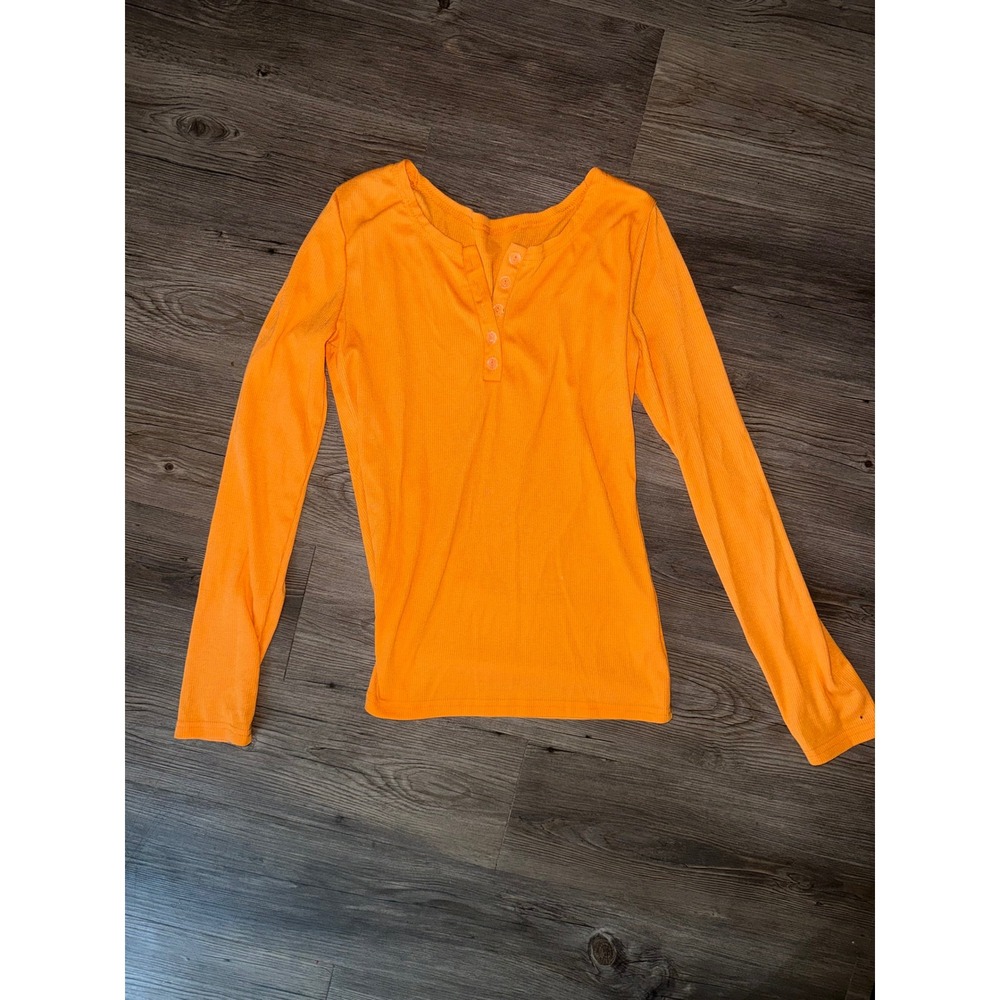 SHEIN Womens Orange Ribbed Knit Long Sleeve Henley Top Size L
